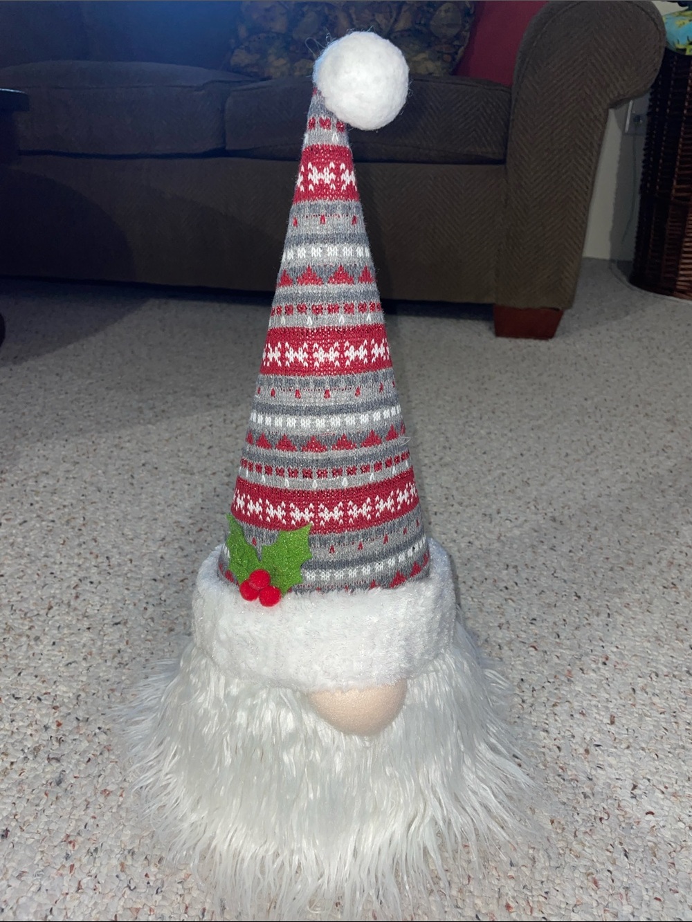 Festive Red and Gray Knit Holiday Gnome tree topper